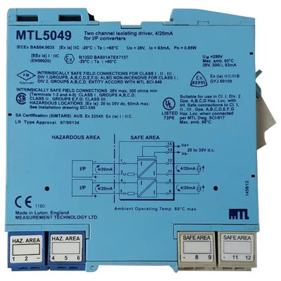 MTL5049 Eaton 2 Channel Zener Barrier Đường dẫn bị cô lập Hiện tại ATEX 4 đến 20mA